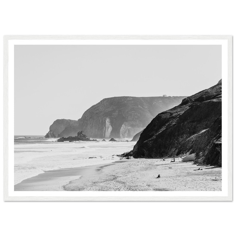Fine Art Black and White Photography Print - Algarve Coastline Minimalist Framed Print - Portugal Beach and Cliffs Wall Art - Home Decor image 2