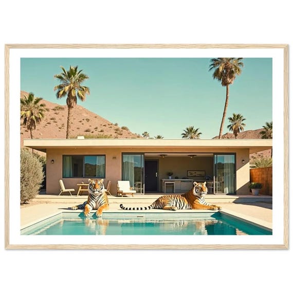 Tigers by the Pool - Retro Framed Fine Art Print - Modern Palm