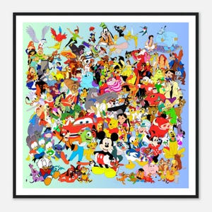 Fine Art Disney Collage Cartoon Wall Art - Framed Pop Culture Wall Art - Colorful Cartoon Character Wall Decor