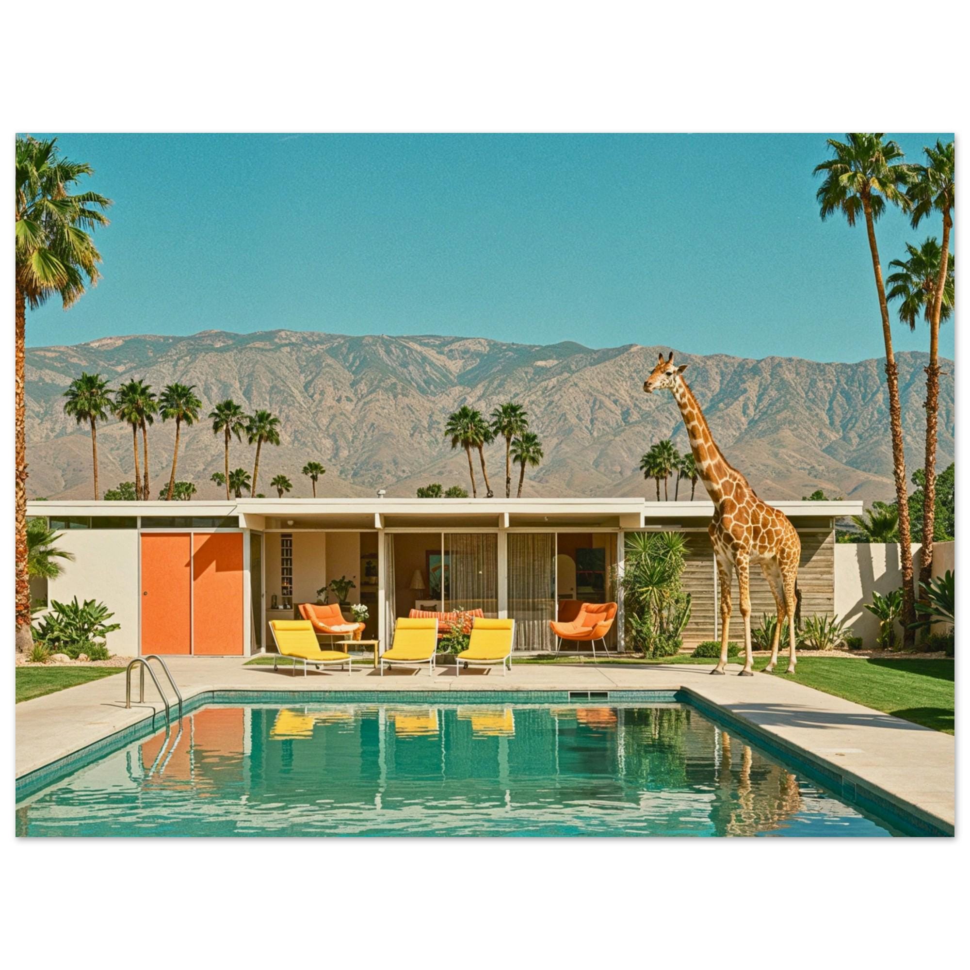 Giraffe by Pool Print - Retro Modern Palm Springs Wall Art