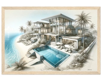 Fine Art Luxury Beach Villa Sketch Art - Framed Architectural Sketch Drawing with Swimming Pool, Fine Art Beach Home Decor