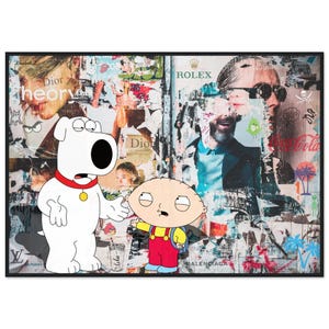 Fine Art Family Guy Cartoon Mixed Media Graffiti Style Framed Poster Wall Art with Stewie and Brian Griffin Cartoon Characters Wall Decor