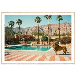 May include: Framed print of a lion by a swimming pool, with palm trees, a mountain backdrop, and a hotel. The pool area has red and white stripes, creating a retro aesthetic.