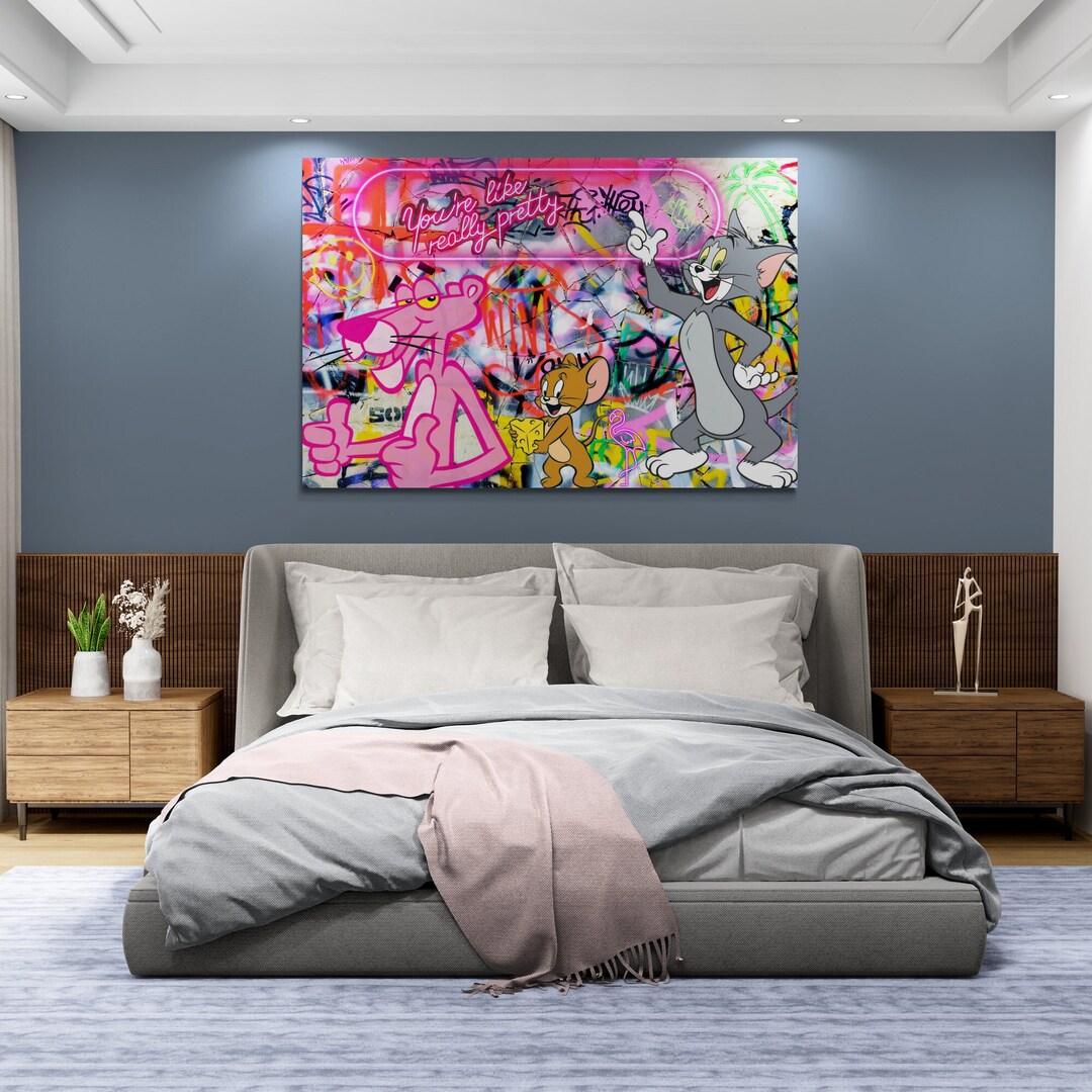 Cartoon Graffiti Wall Art With Pink Panther and Tom and Jerry Abstract Original Canvas Wall Art