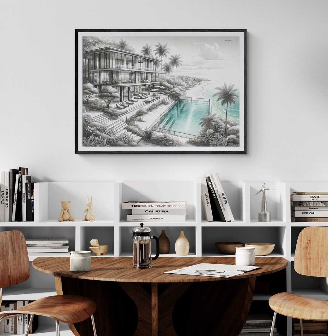 Fine Art Coastal Villa Architectural Drawing Framed Fine Art Luxury Beach House With Pool Sketch ...