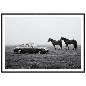 Puede incluir: Fotografía en blanco y negro de un coche deportivo vintage estacionado en un campo, con dos caballos cerca. El coche es un diseño de coupé clásico. Los caballos son de color oscuro, y la escena está ambientada en un campo cubierto de hierba bajo un cielo nublado.