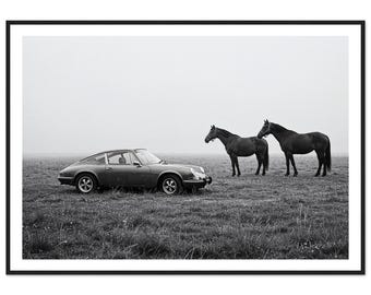 Vintage Car and Horses Print - Black and White Classic Porsche and Horse Wall Art - Framed Fine Art Photography - Minimalist Wall Decor
