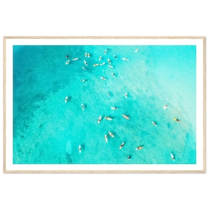 Fine Art Aerial Photography: Framed Print of Surfers Paddling Out in Turquoise Waters - Coastal Wall Decor - Ocean Surfing Art