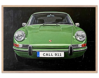 Vintage Porsche 911 Painting – Framed Fine Art Print - Green Classic Sports Car Wall Decor