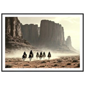 May include: A group of cowboys riding horses through a desert canyon. The cowboys are silhouetted against the bright sky, and the canyon walls are towering and imposing.