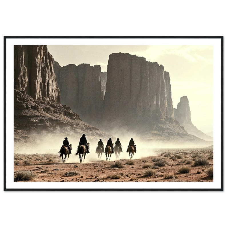 May include: A group of cowboys riding horses through a desert canyon. The cowboys are silhouetted against the bright sky, and the canyon walls are towering and imposing.