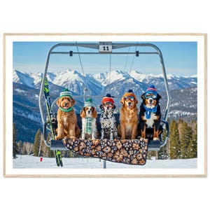 May include: A framed print featuring five dogs on a ski lift, each wearing winter hats and goggles. The dogs are of various breeds, including a Golden Retriever and a Dalmatian, with a snowy mountain backdrop.