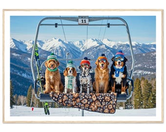 Ski Dogs Print - Dogs on Ski Lift Wall Art - Winter Mountain Framed Fine Art Photography - Framed Ski Lodge Wall Decor