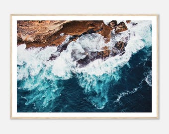 Fine Art Aerial Ocean Print  –  Waves Crashing on Rocky Cliffs - Framed  Coastal Wall Decor