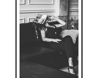 Fine Art Black And White Photography Print Woman With Magazine - Vogue Magazine Fashion Woman Portrait Fine Art Photography Home Decor