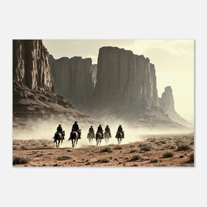 May include: A group of six cowboys riding horses through a desert canyon. The cowboys are silhouetted against the bright sky, and the canyon walls are tall and imposing. The scene is reminiscent of a classic Western film.