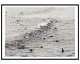 Black and White Vintage Surfing Photography Print – Framed Coastal Wall Art