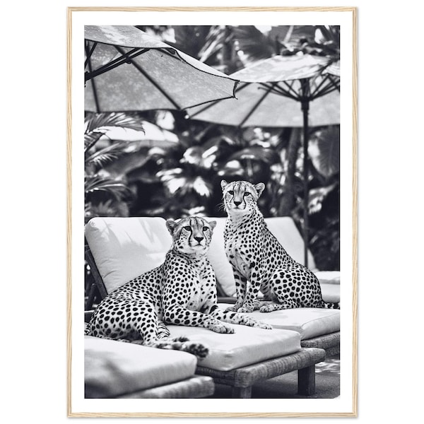 Cheetahs by Pool Black and White Fine Art Print – Framed Wildlife Wall Decor , Tropical Home Decor