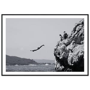 Fine Art Black and White Photography - Framed Print of Divers Jumping from Cliff - Adventure Wall Decor - Extreme Sports Art