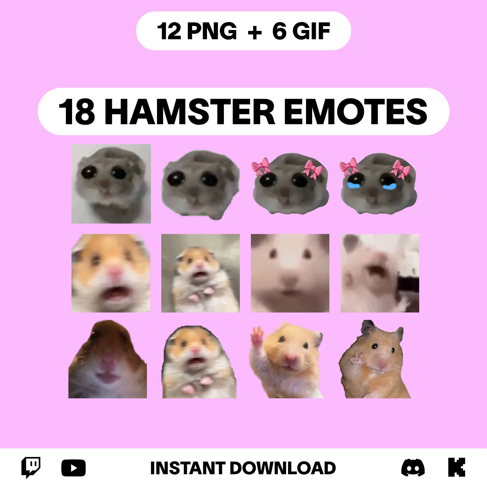 18 Hamster Emotes Pack | Cute Sad Hamster with bow | Twitch YouTube Discord Kick | Animated Emotes | Meme Emote Pack | GIF PNG Emoji Emote