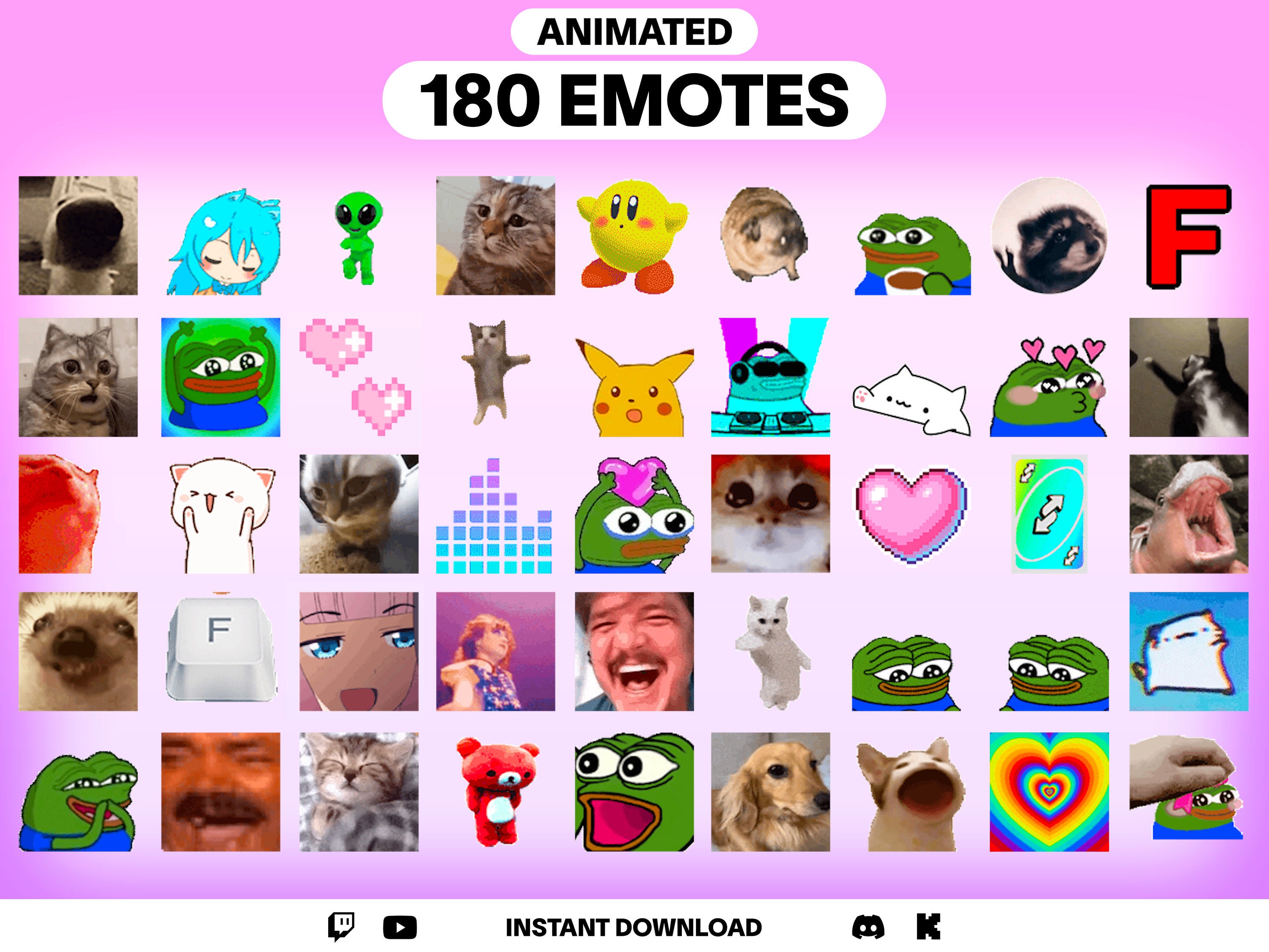 180 Animated Emotes Pack for Twitch, YouTube, Discord, Kick | Top Trending Animated Emotes | Most Popular Meme Emotes | Streaming emotes GIF