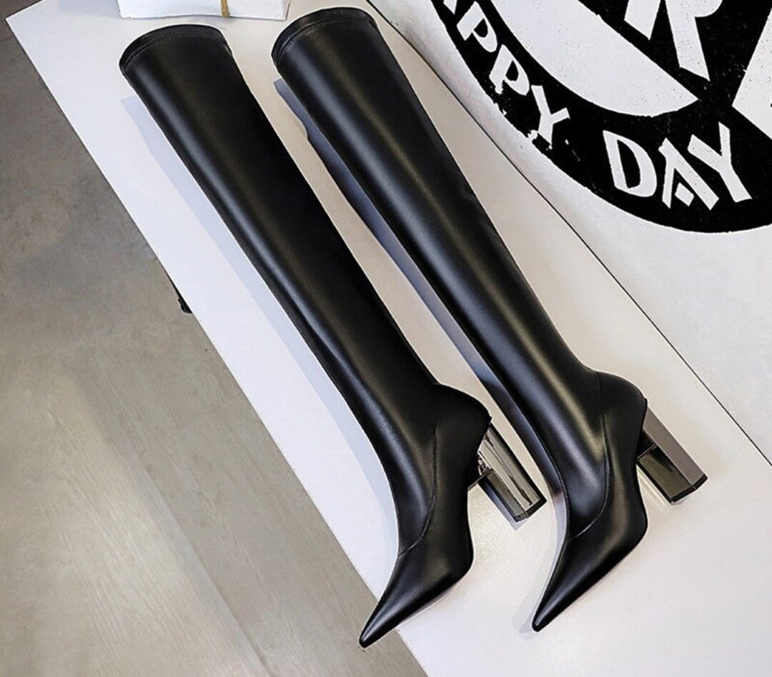 Leather Thigh High Boots Thick High Heels Stretch Skinny Etsy