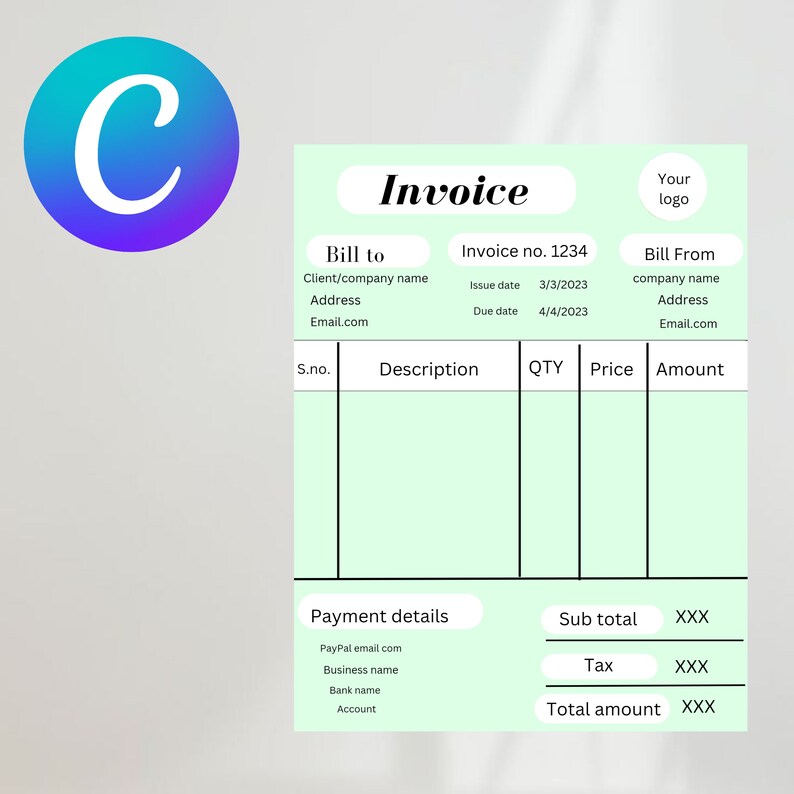 Invoice Canva Template Printable Invoice Template Editable Etsy