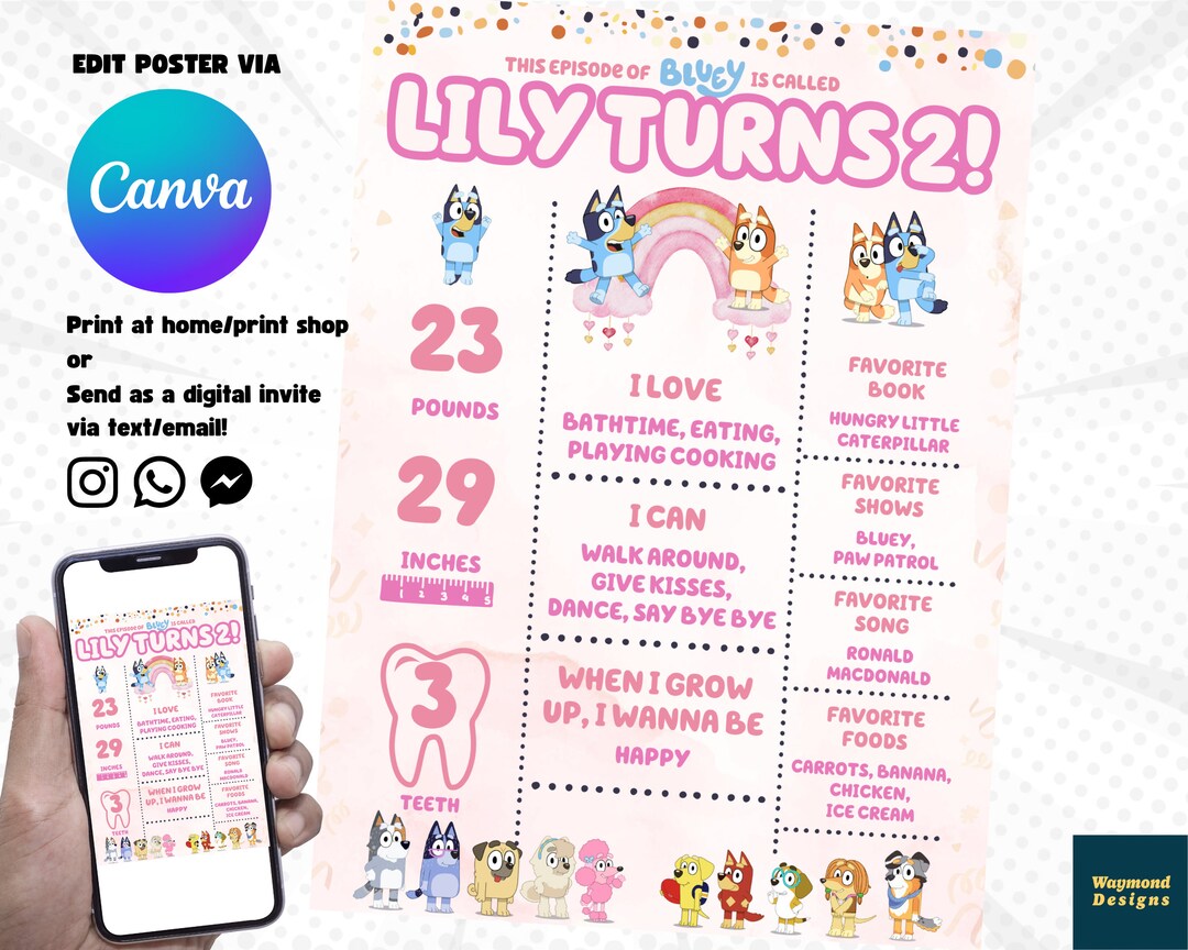 Bluey Girl Birthday Poster CANVA Poster Template Dog Kids - Etsy UK
