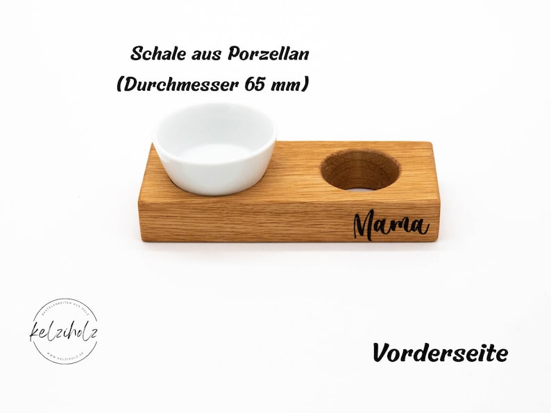 Eierbecher aus Holz Eierbecher aus Eiche Buche Eierbecher mit Schale aus Porzellan Ostern 2024 Eierbecher personalisierbar Gravur Bild 4