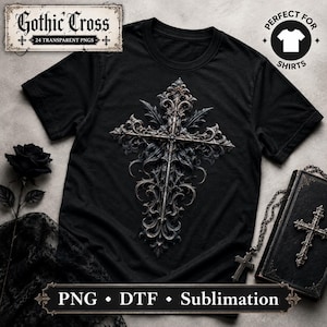 May include: A black t-shirt featuring a large, intricate, metallic-toned gothic cross graphic with ornate filigree details. The design is centered on the chest. The image includes text labels reading Gothic Cross, 24 Transparent PNGs, Perfect for Shirts, and PNG, DTF, Sublimation.
