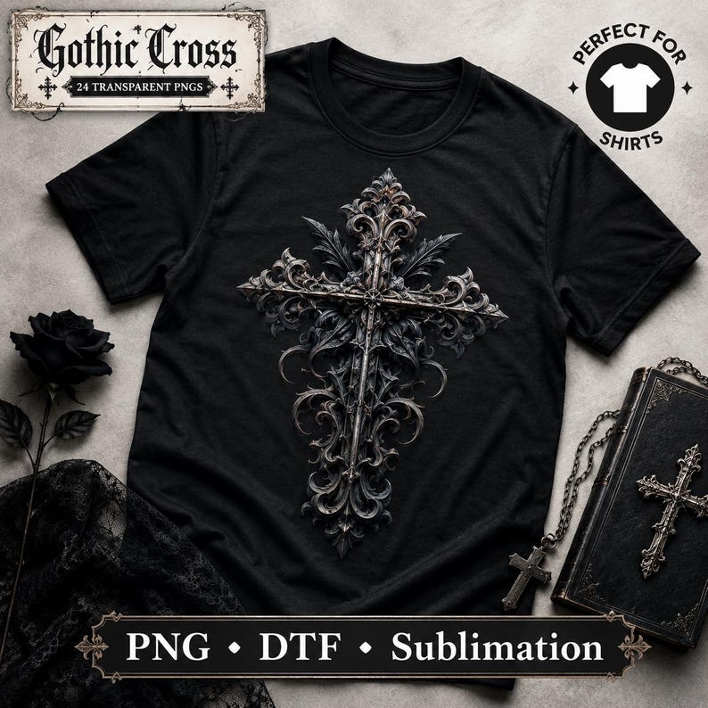 May include: A black t-shirt featuring a large, intricate, metallic-toned gothic cross graphic with ornate filigree details. The design is centered on the chest. The image includes text labels reading Gothic Cross, 24 Transparent PNGs, Perfect for Shirts, and PNG, DTF, Sublimation.