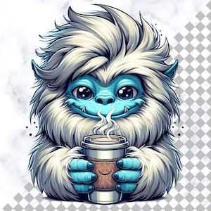 Yeti Drinking Coffee PNG Clipart Design for T-Shirts Kids Stickers & DIY Projects Sasquatch Designs for Sublimation Yeti Clip art Crafting