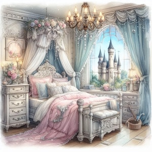 Lot de 10 cliparts de chambre à coucher château shabby chic JPG aquarelle Journal indésirable papier de scrapbooking fabrication de cartes impressions numériques création d'étiquettes imprimable