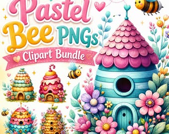 Zestaw clipartów w formacie PNG z pastelowymi pszczołami, akwarelowymi pszczołami i grafikami słoików miodu do naklejek, scrapbookingu, sublimacji i kartek