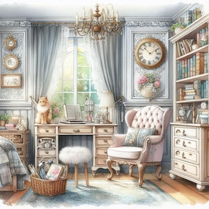 Shabby Chic Studeerkamer Clipart Bundel 10 Aquarel JPG Junk Journal Scrapbook Papier Kaarten Maken Digitale Prints Tag Creation Afdrukbare pagina