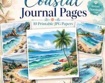 Coastal Junk Journal Pages, Beach Printable Paper, Ocean Seaside Digital Paper JPG, Scrapbook Card Making