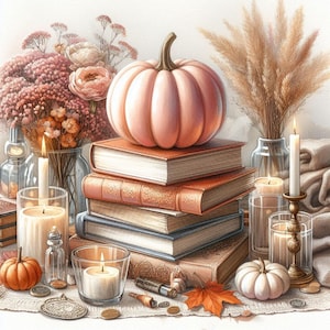 May include: A still life arrangement featuring a stack of books topped with a pink pumpkin. The scene includes lit candles, decorative flowers, and small pumpkins, creating a cozy autumn theme. The books have brown covers.