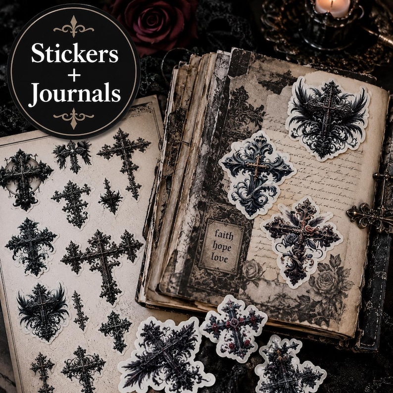 May include: A collection of decorative stickers featuring intricate black and dark-toned cross designs, displayed on a vintage-style journal page with the text faith hope love printed on a small square label, alongside a sheet of various cross stickers.