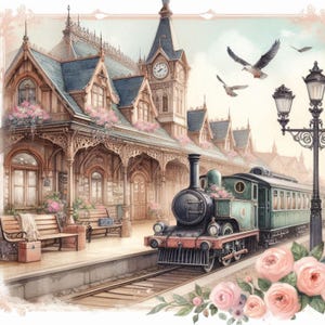 Shabby Chic Train Station Clipart Bundle 10 Watercolour JPG Junk Journal Scrapbook paper Card Making Digital Prints Creation page Printables