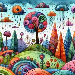 Pacote de clip art colorido de árvores peculiares/10 JPGs de aquarela de alta resolução para scrapbooking, diário de lixo, criação de cartões, download de impressões digitais, papel 01