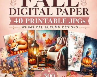 Digitaal herfstpapier, herfstpapier voor je junk journal, 40 printbare JPG's, speels herfst scrapbookpapier