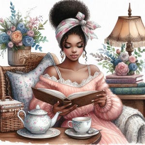 Shabby Chic Black Woman Reading Clipart Bundle/10 JPG ad acquerello Junk Journal/Scrapbooking/Creazione di biglietti/File digitale/Carta da stampa/Negozi