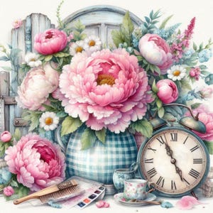 Lot de 10 clip art pivoine campagne shabby chic JPG aquarelle papier de scrapbooking papier indésirable création d'étiquettes Impressions numériques