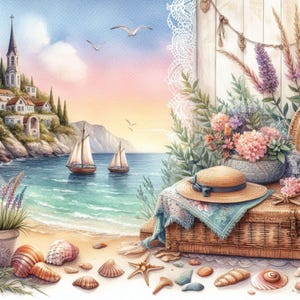 Shabby Chic Seascape Clip Art Bundle 10 Watercolour JPGs Junk Journal Scrapbooking Card Making Digital Paper Prints Creation Tag Printables
