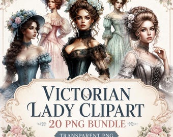 Victorian Lady Clipart PNG Bundle, 20 Watercolor Woman Portraits, Vintage Lady PNG for Junk Journals & Crafts