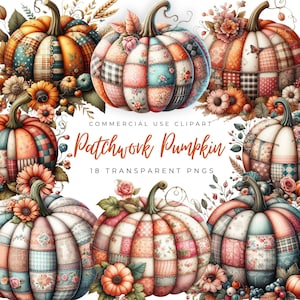 May include: A collection of digitally rendered patchwork pumpkins in various colors, including orange, teal, pink, and cream. Each pumpkin features a unique patchwork design with floral and plaid patterns. The text "Patchwork Pumpkin" is displayed.