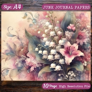 Lot de 10 cliparts vintage Shabby Chic muguet A4 aquarelle JPG Junk Journal Scrapbooking Impressions numériques sur papier Artisanat imprimables