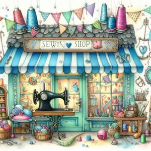 Quirky Whimsical Sewing Shop Clip Art Bundle 10 High Res Watercolor JPGs Junk Journaling Scrapbooking Card Making Digital Download Fantasy