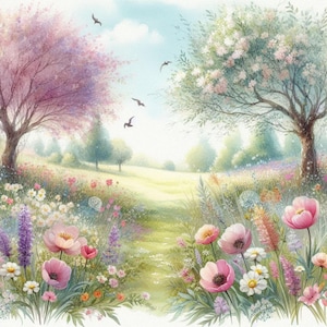 Pacote de Clip Art Shabby Chic Spring Meadow 10 Aquarela JPG Junk Journal Papel para Scrapbook Criação de Cartões Impressões Digitais Criação de Etiquetas Imprimíveis