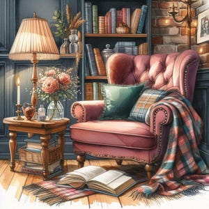 May include: A cozy reading nook featuring a pink armchair with pillows and a plaid blanket. A small wooden side table holds a lamp, flowers, and a candle. A bookshelf filled with books and an open book on the floor complete the scene.